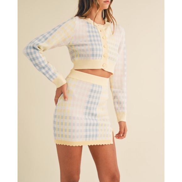 MABLE Soft Spring Pastels Color Block Checker Scalloped Skirt & Cardi Set - Picture 9 of 11